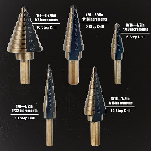 6pcs Step Drill Bits for Metal, Step Drill Bit Set 50 Sizes Tri-Flat Shank HSS Titanium-Coated with Center Punch for Aluminum, Wood, Plastic, with Aluminum Case, from Pro-Edge Technology