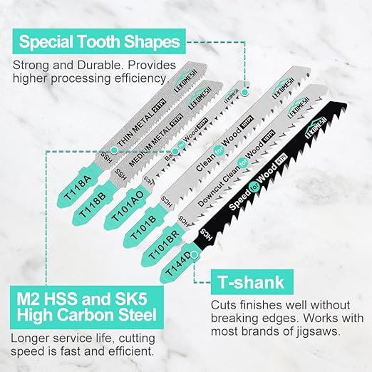 50 PCS Contractor Jigsaw Blades Set - Assorted T-Shank Jig Saw Blades for Wood, Plastic and Metal Cutting(T118A,T118B,T101AO,T101B,T101BR,T144D)