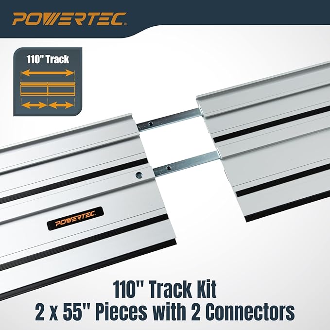 POWERTEC 110" Track Saw Guide Rail Joining Set for Ridgid Track Saws, Include 2x55" Extruded Aluminum Guide Rail, 2 Rail Extension Connectors and Protective Carrying Bag (72133)