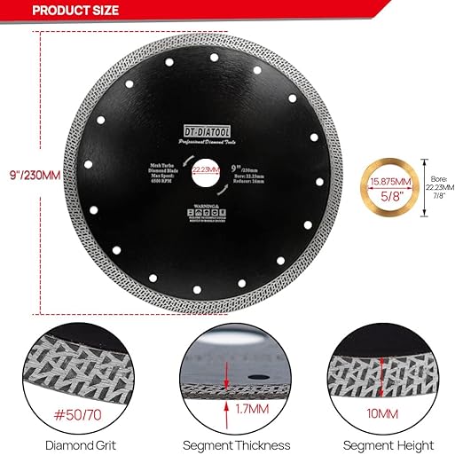 DT-DIATOOL Diamond Granite Blade 9 Inch for Marble Porcelain Tile Ceramic Diamond Cutting Disc with Mesh Turbo Diamond Segments