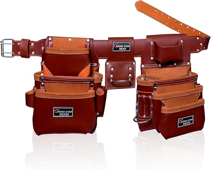 RISING STAR WEARS PURE OIL TANNED LEATHER TOOL BELT POUCH PERFECT FOR CARPENTERS, PLUMBERS, ELECTRICIANS, GARDENERS AND CONSTRUCTION WORKERS MULTIPURPOSE 18 POCKETS POUCH WITH FRAMING TOOL BAGS
