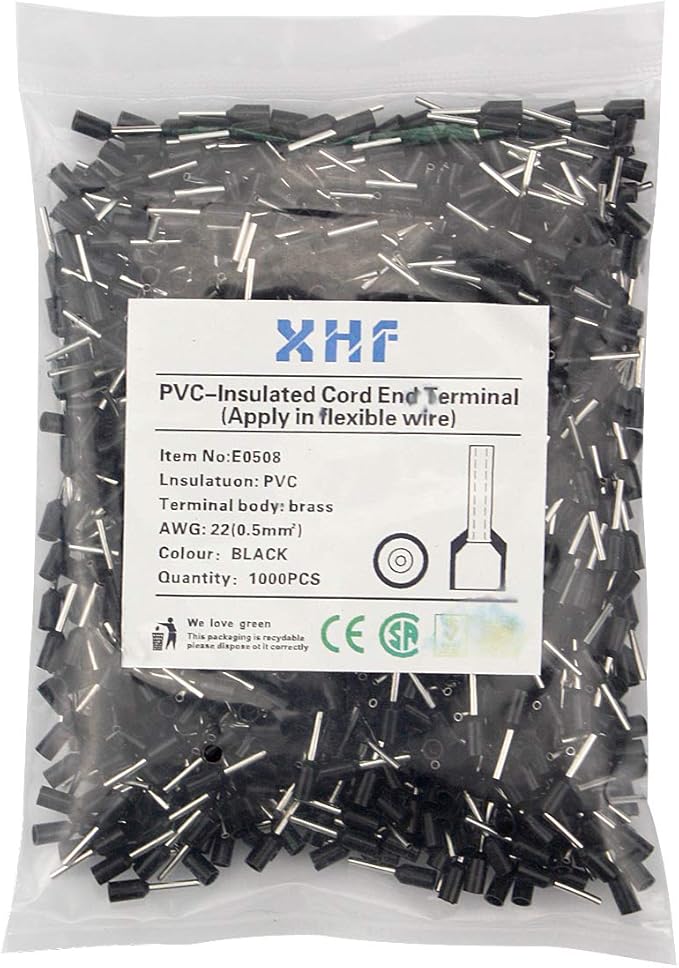 XHF 1000 PCS AWG 22/0.5mm² Wire Ferrules Insulated Copper Crimp Connectors, Crimp Pin Cord End Terminals Black