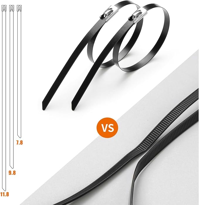 Stainless Steel Cable Tie Gun Set, with 150PCS Black Metal Zip Ties (50 Each of 7.8, 9.8, 11.8 Inch), Adjustable Fastening Cutting Tie Tool Sets for Fencing, Exhaust Pipes, Automotive