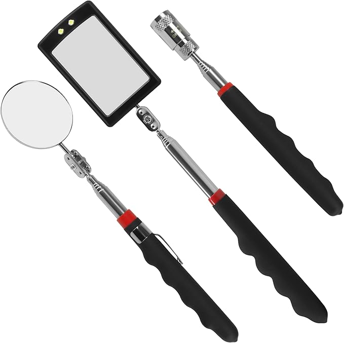 Telescopic Inspection Mirror with 2LED Lights, Telescopic Mirror Round Mirror, Telescopic Magnetic Pickup with LED Lights Tool kit.