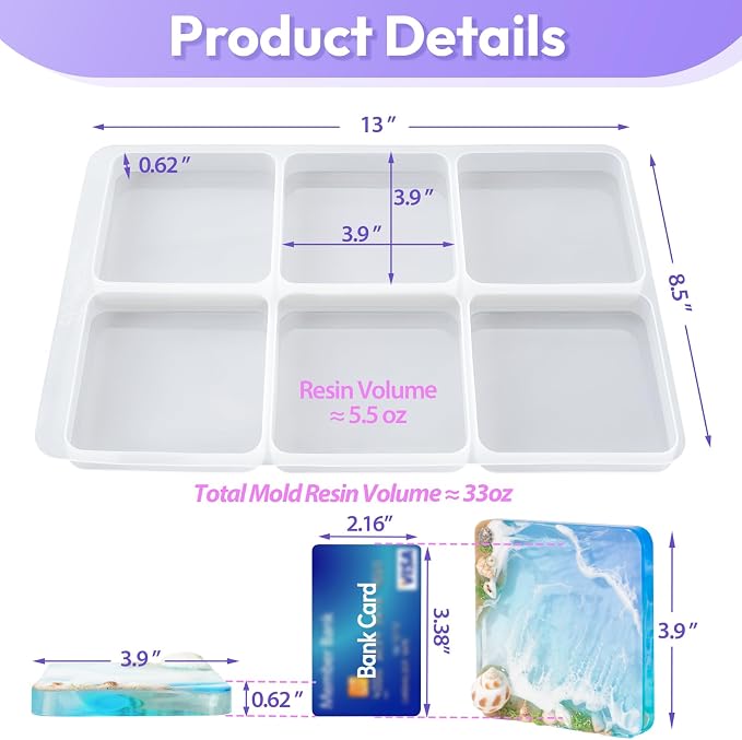 HeyClear Coaster Resin Molds, 6-Cavity Square Coaster Silicone Molds, Silicone - Image 4