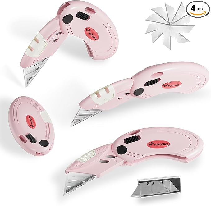 4 Pack Folding Utility Knife with 10 Extra Blades,Box Cutters with Button Lock Mechanism,Navajas Para Trabajo for Home,Office and Warehouse,Pink.