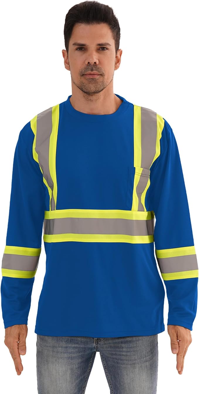 Hi Vis Safety Long Sleeve Shirts，High Visibility Class 3 T Shirts with Reflective Strips and Pocket, Quick Dry Mesh Construction Work Shirt for Men/Women (Blue,3XL)