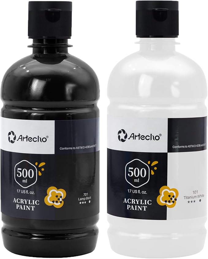 Artecho White and Black Acrylic Paint 500ml / 17oz Large Bottle | Semi Glossy by Artecho