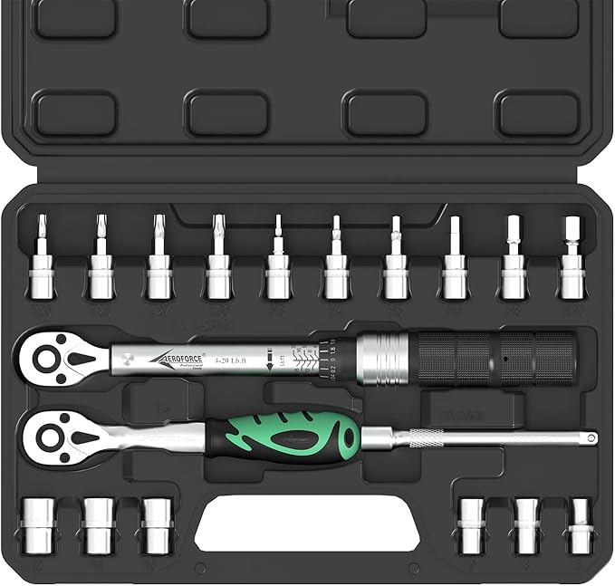 AEROFORCE 19Pcs 1/4 inch Drive Click Dual-Direction Adjustable Bike Torque Wrench Set（4-20 Lb.ft/5.4-27.2 Nm）, with 6 Sockets, Hex, Torx, Extension Bar, 1/4'' Ratchet Wrench, Maintenance Kit for MTB.