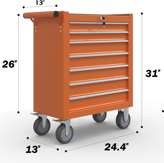 7-Drawer Rolling Tool Chest,Metal Rolling Tool Chest with Wheels and Locking Tool Box,Portable Metal Tool Box for Warehouse,Garage, Repair Shop, Workshop (Orange,7-Drawer)