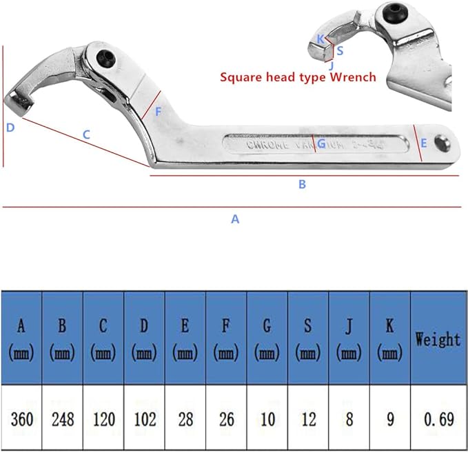 Eowpower Chrome Vanadium C Spanner Tool Adjustable Hook Wrench Square Head 115-170 mm