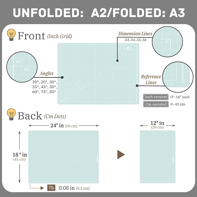 iMAT Flip Cutting Mat Note A2, Double-Sided, Light Green | Inch grid front - Image 2