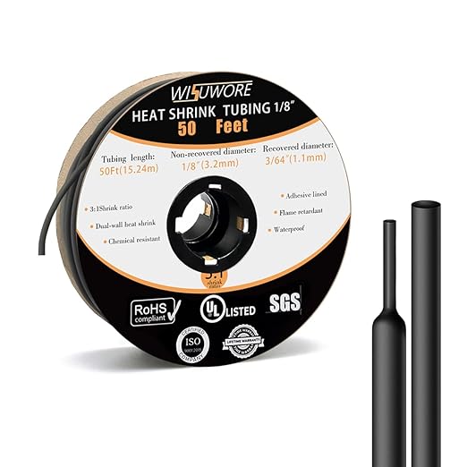 3:1 Heat Shrinkable Tubing with Adhesive Lining,1/8 in'' Marine Grade Dual Wall Shrink Tubing,50 Feet Roll,Insulation Sealing Oil-Proof Wear-Resistant,UL Listed and RoHS Compliant Black