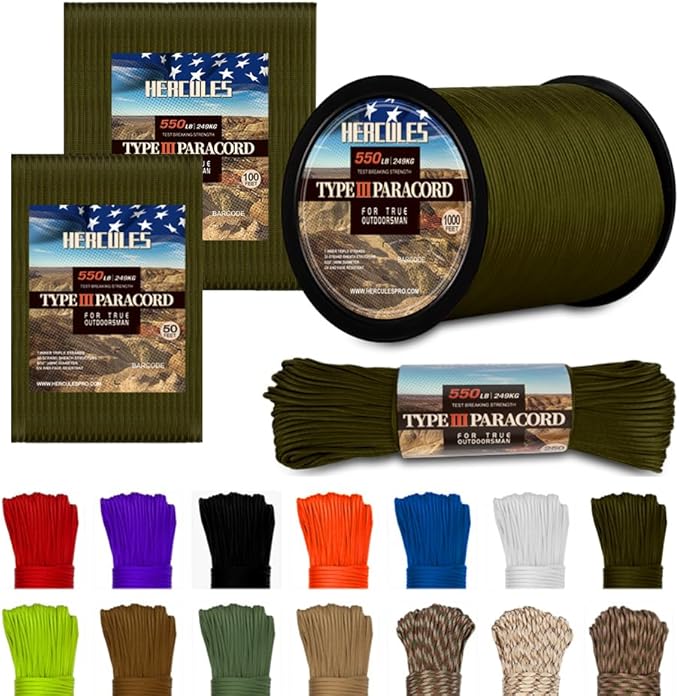 HERCULES Type III Paracord 550 Paracord Rope Parachute Cord, 50' Army Green for Camping Cord, Survival Rope