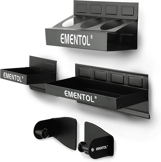 EMENTOL 4PCS Magnetic Tool Shelf Set, Tray, Paper Towel Holder, for Tool Organizer, Magnets Any Metal Surface, Black