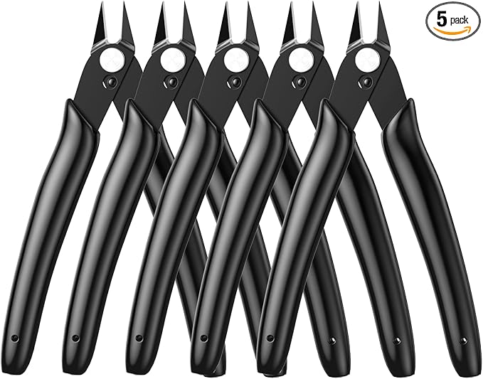 BOENFU Precision Wire Cutter Jewelry Zip Tie Cutters 5 Pack Flush Cutters Nippers Small Side Cutting Pliers for 3d Print, Plastic Models, Jewelry, Electronics, Black, 5 Inches