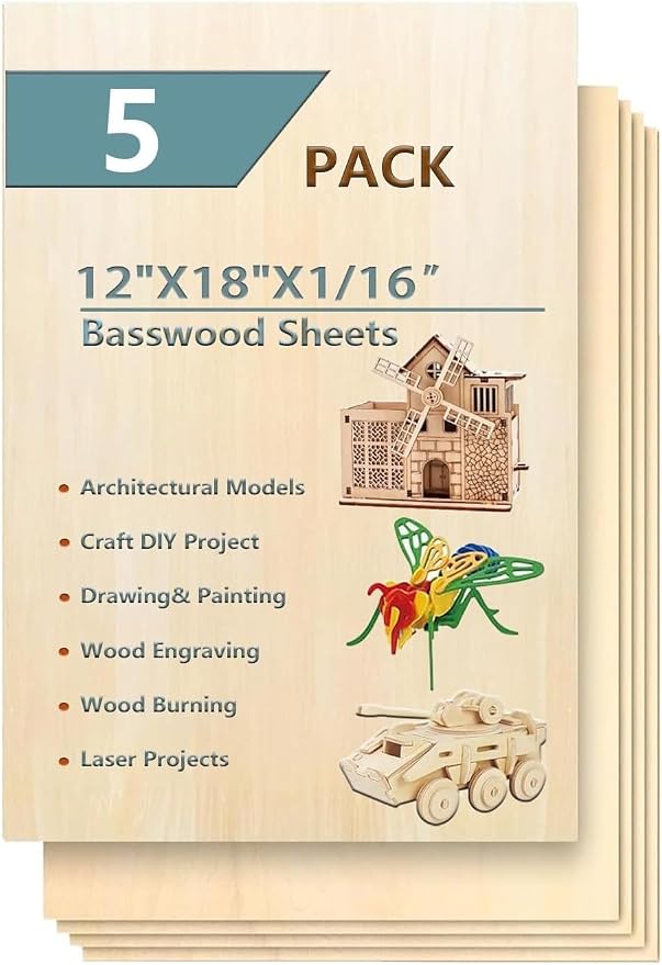 5 Pack 12"x18"x1/16 Basswood Sheets by twinsfox