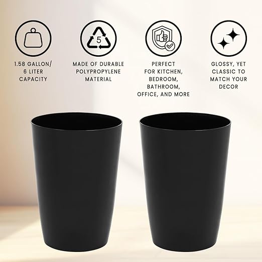 HOLDN’ STORAGE Small Trash Can - Set of 2 Open Top Waste Bin of 1.58 Gallon, Compact Waste Can Perfect for Bathroom, Kitchen, Office, Dorm - Durable Garbage Can - Glossy Black