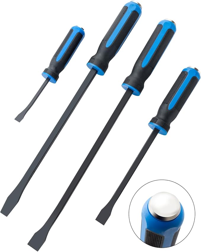 ROTATION 4-Piece Heavy Duty Pry Bar Set with Thicker Hammer Strike Cap and Angled Tip – Ideal for Automotive Repair, Demolition, Nail Pulling