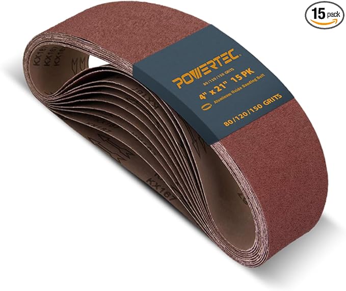 POWERTEC 15PK 4 x 21 Inch Sanding Belts for Belt Sander, 5 Each of 80, 120, 150 Grits, Aluminum Oxide Belt Sander Paper Assortment for Wood & Paint Sanding, Metal Polishing (110011)