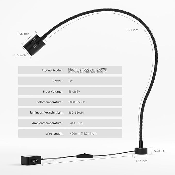 Led Magnetic Work Light 400mm Flexible Gooseneck lamp 500 Lumens 120 Volt for Sewing Machine Lathe Milling Drill Press Industrial Lighting (Aluminum Alloy lamp Head-1)