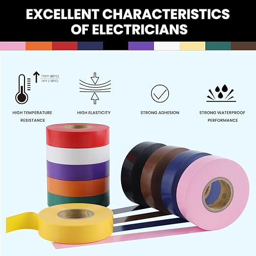 Lichamp 10-Pack Colored Electrical Tape Waterproof, 3/4 in x 66ft, Industrial Grade UL/CSA Listed High Temp Electrical Tape Colors Electric Super Vinyl, 1075C2