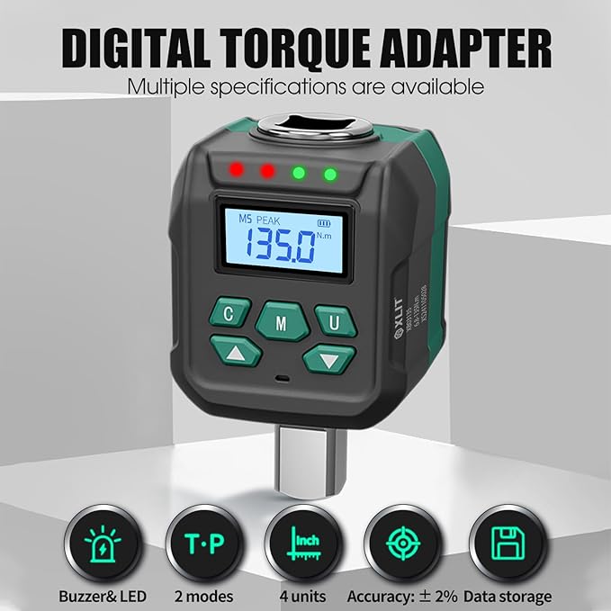 1/2-Inch Drive Digital Torque Adapter, 5-99 ft-lb (6.8-135 Nm), ±2% Accuracy - Electronic Torque Meter Gauge & Checker with Buzzer & LED Alerts for Automotive, Truck, Motorcycle & ATV Repair