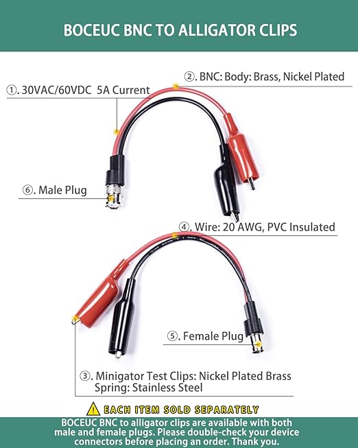 BNC Test Leads, BNC (Male) to Alligator Clip, Test Lead Breakout Cable for Multimeter, 5A Current Rating, 1 Pack