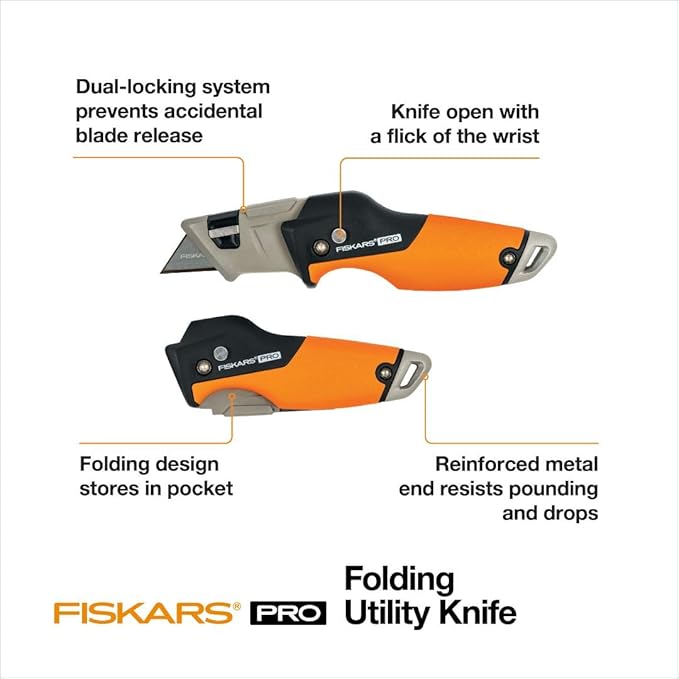 Fiskars Pro Retractable Folding Utility Knife, Box Cutter with Long-Lasting CarbonMax Razor Blade and Dual Lock Safety, Orange/Black