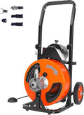 VEVOR Drain Cleaning Machine 100FT x 3/8 Inch, Sewer Snake Machine Auto Feed, Drain Auger Cleaner with 4 Cutter & Air-Activated Foot Switch for 2" to 4" Pipes, Orange, Black
