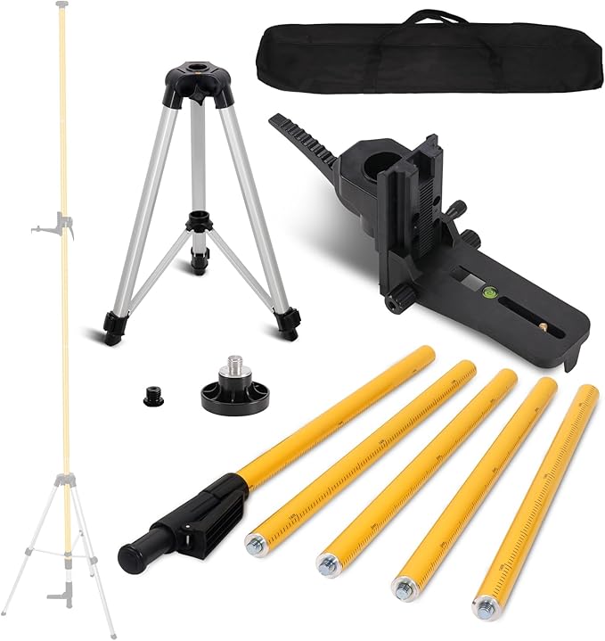 MOETER 12 Ft./3.7M Laser Level Pole with Tripod, Laser Stand Pole with 1/4"-20 & 5/8"-11 Threaded Adapter, Telescoping Laser Level Tripod for Rotary and Line Lasers