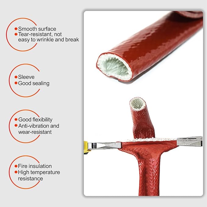 Insulation Heat Shielded Fire Thermo Armor Fire Sleeve Silicone Coated Fiberglass Heat Protection for Automotive Hose Lines & Electrical Wiring（Red 3/8" ID x5FT）