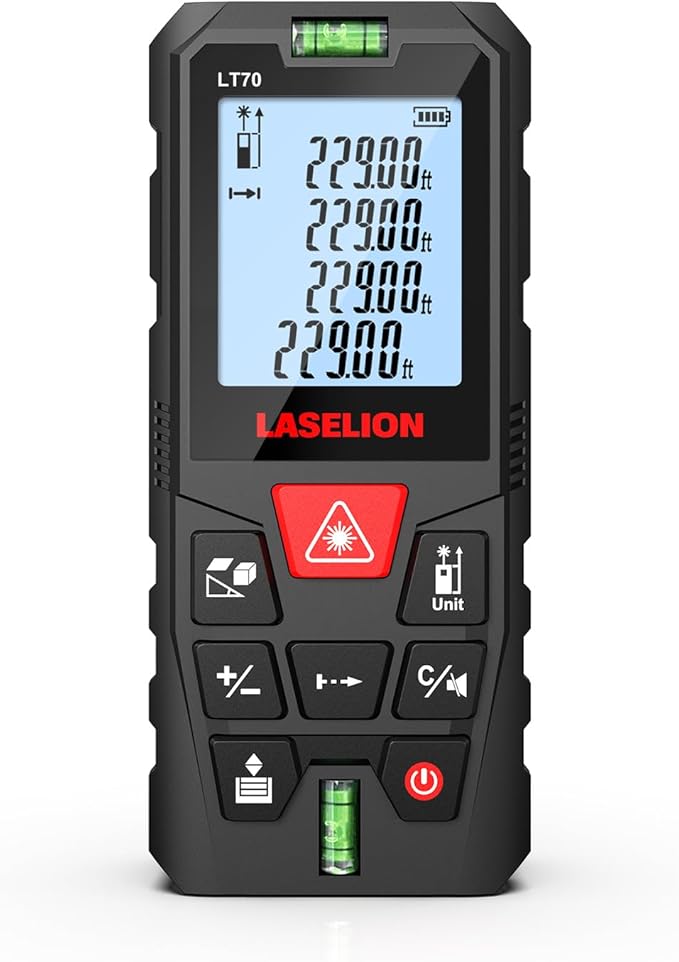 LT70 Laser Distance Meter – 70m (229ft) Range, High Accuracy, Multiple Measurement Modes, Built-in Level Bubble, Handle Laser Distance Measurement Tool，Mute Function (229ft)