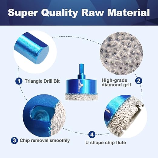 Dry Diamond Core Drill Bit Set,BRSCHNITT 2 3/8 Inch (60mm) Diamond Hole Saw Core Drill Bit with Triangle Shank for Porcelain Tile Ceramic Stone Granite Marble
