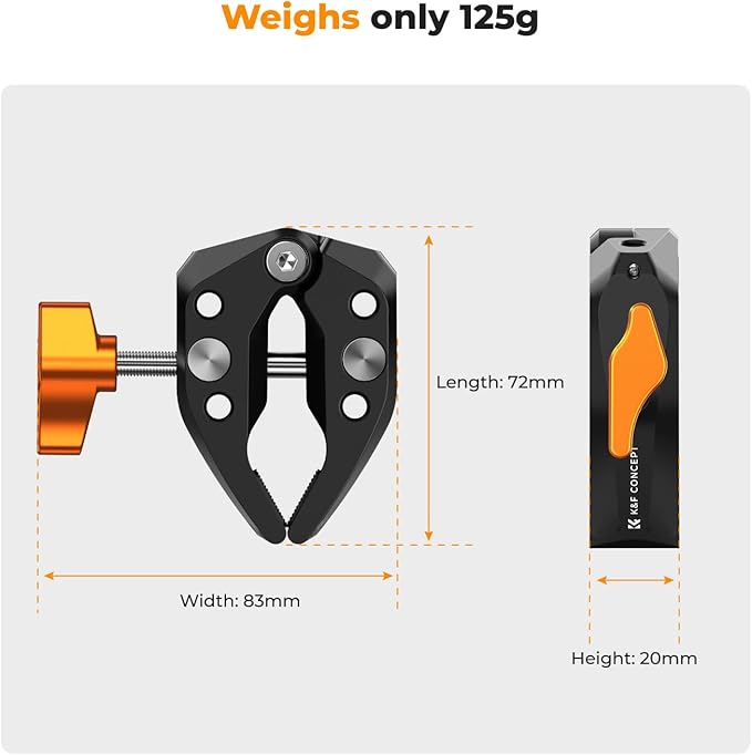 K&F Concept Camera Mount Clamp, Super Crab Clamp with 1/4" Thread Holes, 60mm Max Opening, Payload 11 Lbs/5kg, for Round Pipe Flat Surface, Monitors, LED Lights, and Other Photographic Accessories