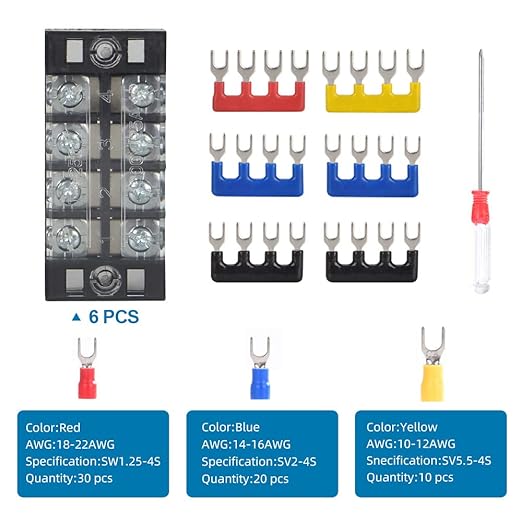73Pcs(6Sets) Terminal Block Set, 6Pcs 4 Positions 600V 25A Dual Row Screw Terminal Strip Block + 6Pcs Pre-Insulated Terminals Barrier Strip + 60Pcs Insulated Fork Wire Connector by CGele…
