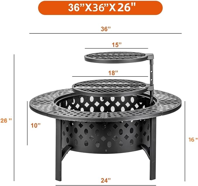 OutVue 36 Inch Fire Pit with 2 Grills, Wood Burning Fire Pits - Image 6