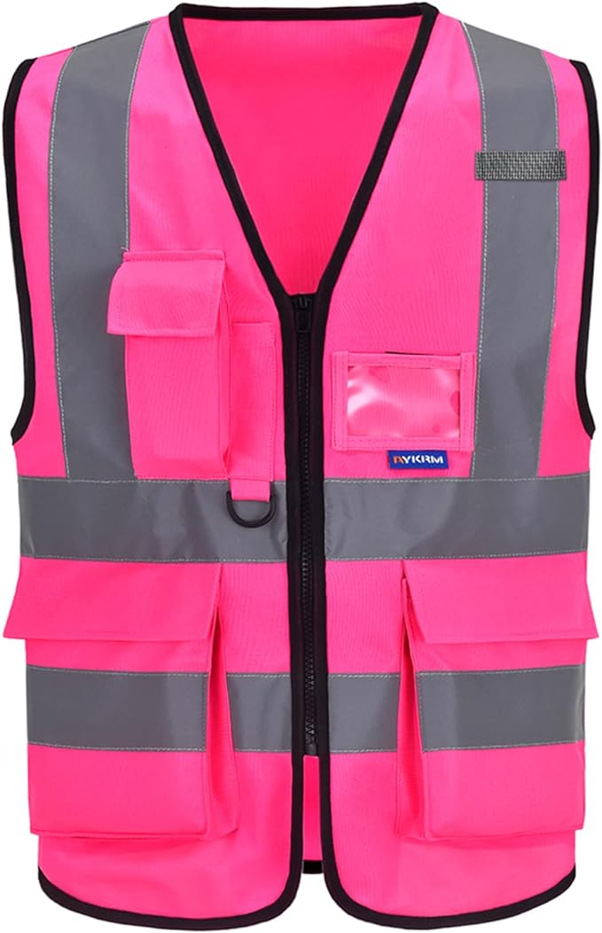 A-SAFETY 7 Pockets Hi Viz Zipper Front Working Safety Vest with Reflective Strips, Multiple Colors Available, Pink 4XL-5XL