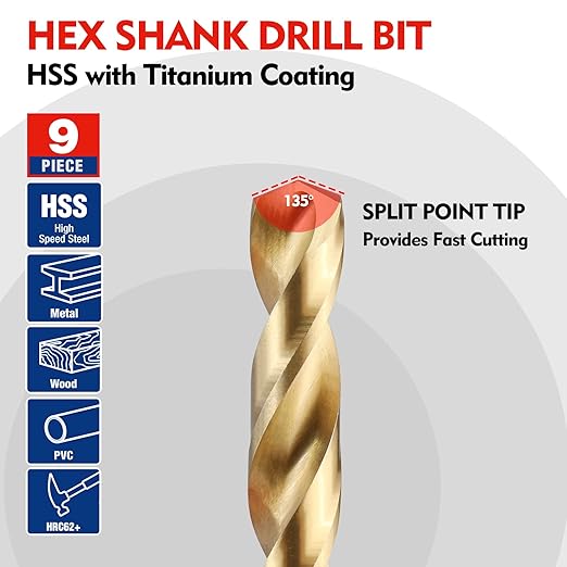 WORKPRO 9-Piece 1/4" Hex Shank Drill Bit Set, Titanium Plating HSS Drill Bits from 1/16" to 3/8" for Metal, Steel, Wood, PVC, Quick Change Design