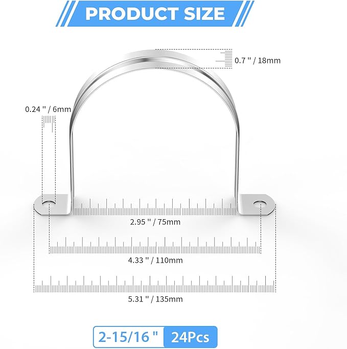 24Pcs 3 Inch (75mm) 304 Stainless Steel Conduit Clamps, U-Tube Strap Pipe Clamp 2 Hole Strap U Bracket Rigid Pipe Metal Conduit Strap Tension Clips U-tube Clamp