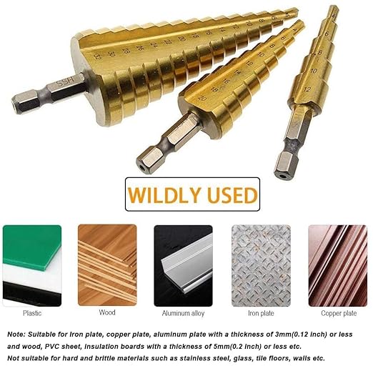 3 Pcs Straight Grooved Step Drill Bit Set, High Step Steel Titanium Drill Bits Set Power Tools 4-12/4-20/4-32mm Hex Shank Drive, HSS Cut Tool Set for Metal Wood Steel DIY Plastic