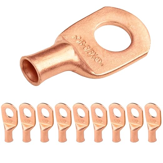 SELTERM 10pcs 6 AWG - 3/8" Stud (Wide Pad) - Battery Lugs, Heavy Duty Wire Lugs, Ring Terminals, Battery Cable Ends,6 Gauge Terminals, UL Bare Copper Eyelets Electrical Battery Terminal Connectors