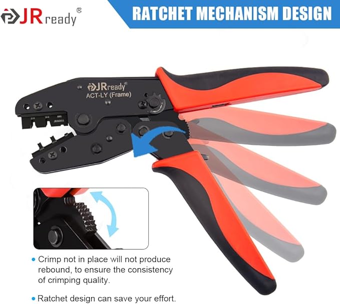 JRready ACT-LY-JRN003 Open Barrel Terminal full cycle ratcheting PremiumGrade Hand Crimping Tool, for Molex MLX (2.13mm) Pin and Socket Crimp Terminals 42023 40204 Series, 18-24 AWG