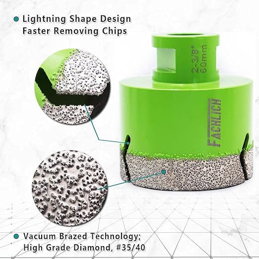 Diamond Core Drill Bit,2pcs Diameter 2-3/8 inch 60mm Thread 5/8-11,Vacuum Brazed Dry Wet Hole Saw for Porcelain Tile,Granite,Marble,Concrete,Masonry,Brick