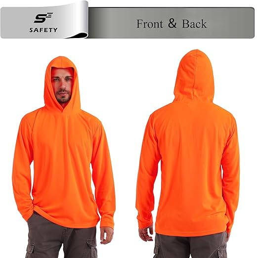 Breathable Work Long Sleeve Sun Shirt Hoodie, Sun Protection Shirts Quick Dry Hooded, Mens Construction Shirts with Hood Lightweight Orange 2XL