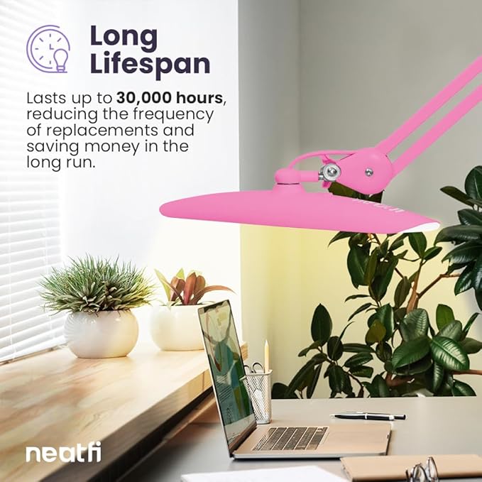 Neatfi XL 2,200 Lumens LED Task Lamp, 20W, 182 Pcs SMD LED, Dimmable, 4 Level Brightness, 3 Light Modes, Desk Light for Home, Office, Workbench (CCT, Pink)