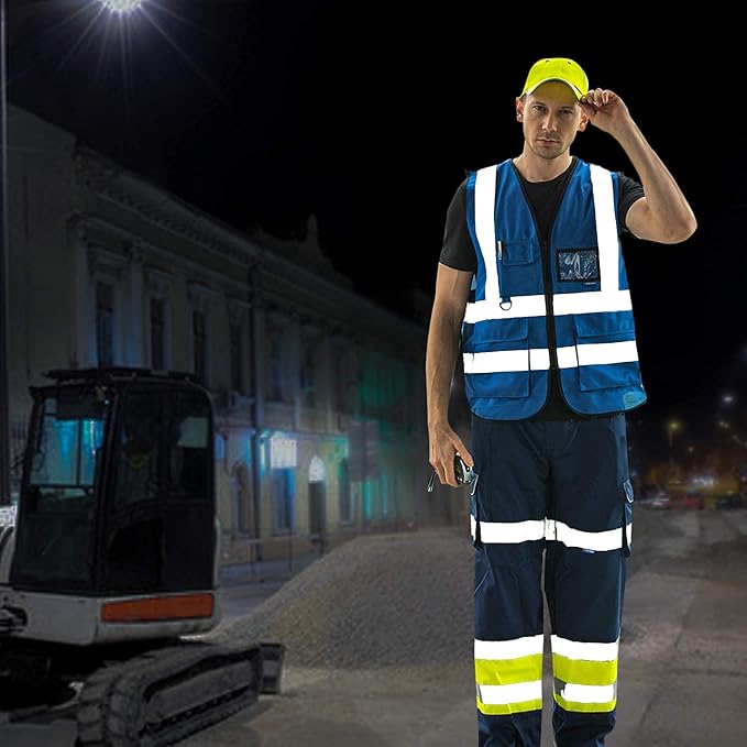 A-SAFETY Blue Safety Vest Reflective Work Vest,Hi Vis Bright Neon Color with 4 Reflective Strips 7 Pockets,XXL