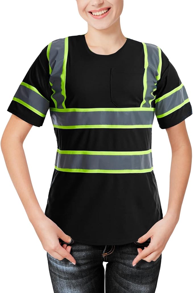 High Visibility Shirts Quick Dry Safety T Shirts with Reflective Strips and Pocket Short Sleeve Mesh Hi Vis Construction Work Class 2 Shirt for Men/Women Black,Large