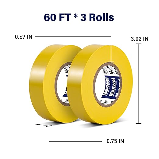 Yellow Electrical Tape Vinyl - 3/4 In 60 Ft PVC Electric Tape Flame Retardant Waterproof Rated Up to 600V Professional Grade For General Purpose Outdoor Indoor Electrical Wire Insulating Use