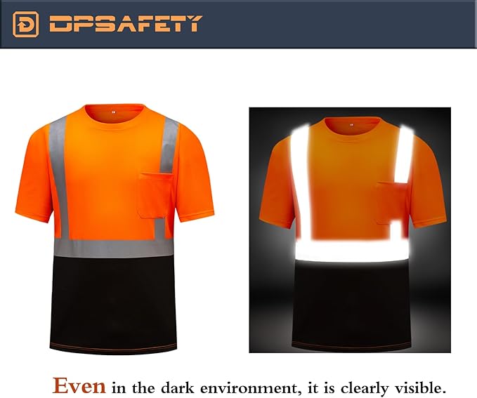 High Visibility Shirts Quick Dry Safety T Shirts with Reflective Strips and Pocket Short Sleeve Mesh Hi Vis Construction Work Class 2 Shirt for Men/Women Black Bottom Orange,2XL